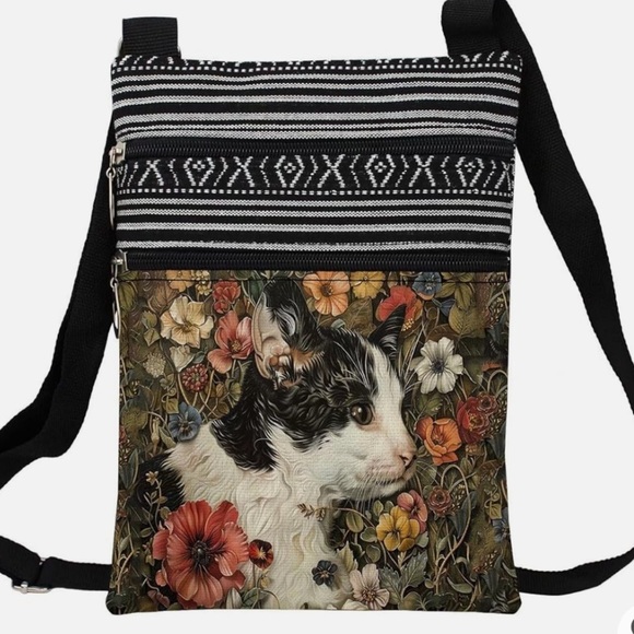 Handbags - Floral Cat Messenger Bag Small Ethnic Pattern Black White Multicolor Women